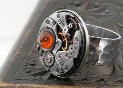 Steampunk Ring, Baltic Amber & Pinstripes Vintage Watch Movement - Adjustable Ring