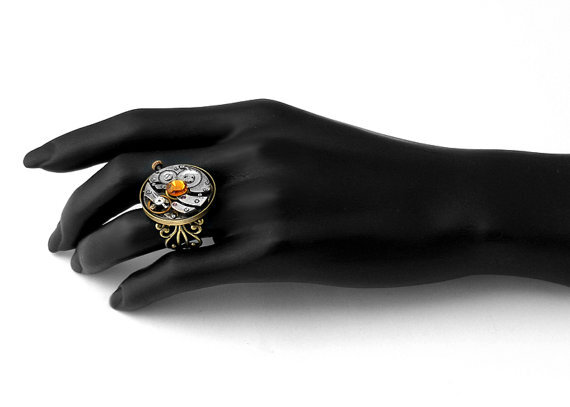 Steampunk Ring, Topaz Crystal & Vintage Watch Mechanism - Adjustable Ring