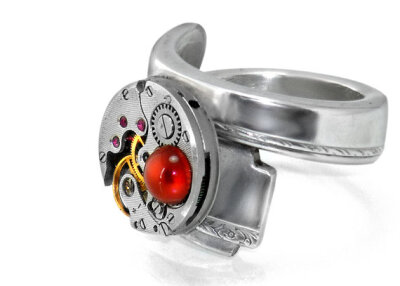 Steampunk Ring, Fiery Carnelian & Vintage Watch Movement, Spoon Ring Band - ring size 9