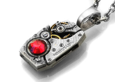 Steampunk Necklace, Siam Red Crystal & Vintage Watch Movement - Long Chain Necklace