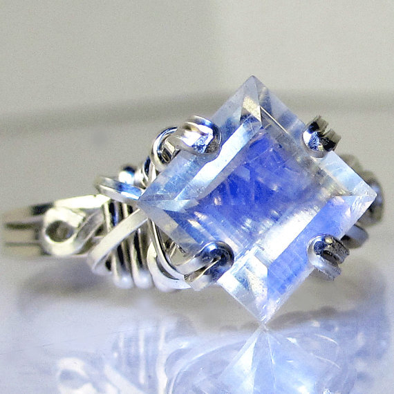 Princess Cut Rainbow Moonstone Ring Polished Sterling Silver by Passionate Jewelry on Etsy