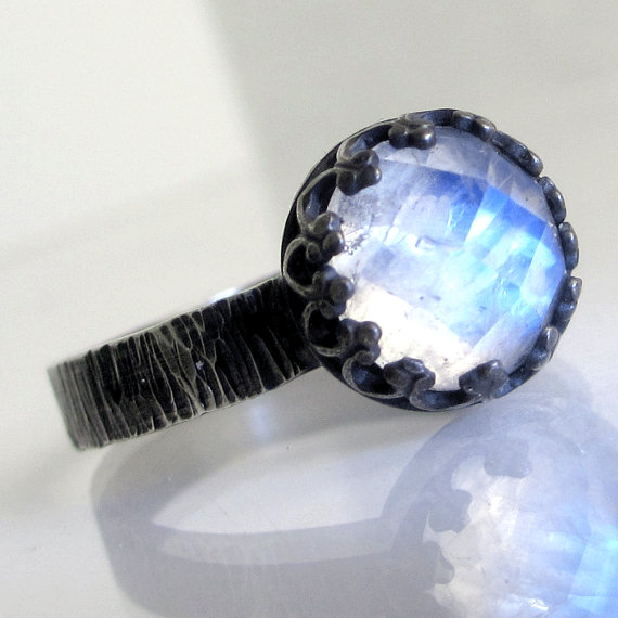 Blue Flash Rose Cut Rainbow Moonstone Ring Sterling Silver