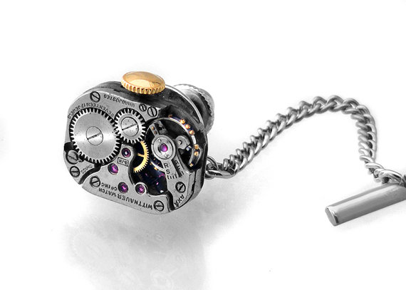 Steampunk Tie Tack, Wittnauer Vintage Watch Mechanism