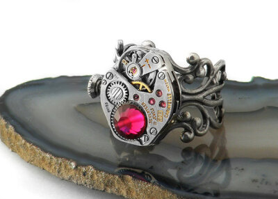 Steampunk Ring, Ruby Crystal & Caravelle Vintage Watch Mechanism - Adjustable ring