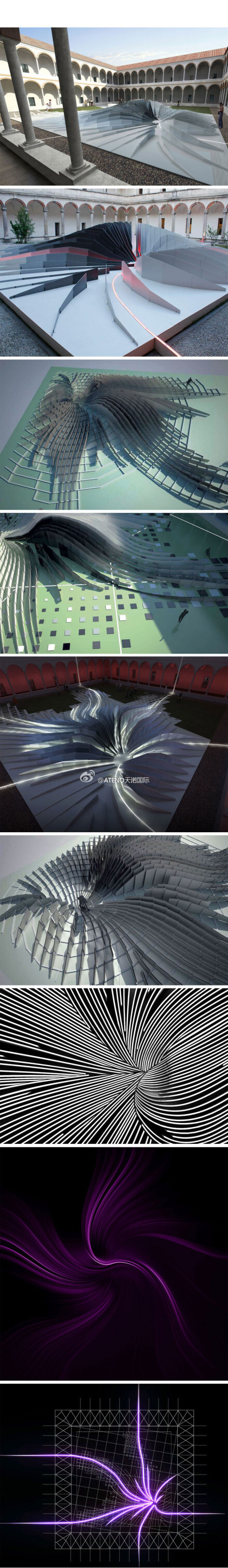 【zaha hadid：装置作品"twirl" 】 这是zaha hadid为2011年米兰设计周设计的现代装置作品， 研究了传统的庭院建筑，并与意大利陶瓷制造商lea ceramiche合作，设计了一系列陶瓷板， 在米兰大学的16世纪历史建筑庭院中，制造了一个漩涡形的三维结构体