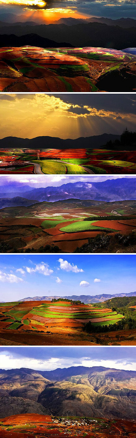 位于云南的东川红土地，就像上天在大地上涂抹的色块，色彩绚丽斑斓