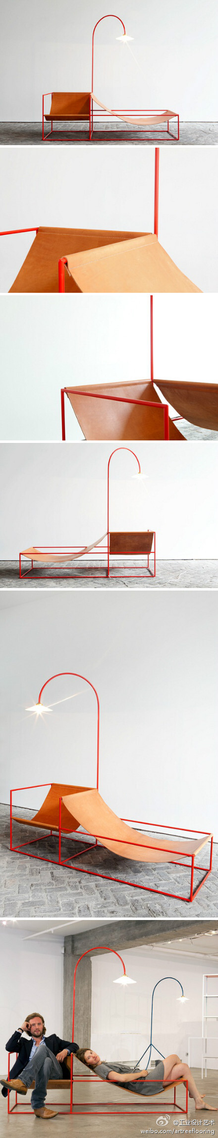 【Muller Van Severen：家具设计】比利时摄影师Fien Muller和艺术家Hannes Van Severen联手创作了系列家具作品，这件叫做“Zetel”的作品集了躺椅、扶手椅和落地灯三者功能于一身。简单线条勾勒出鲜明的轮廓，完美诠释了功能至上的包豪斯设计理念。