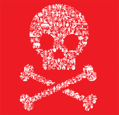 This is the ever-popular skull and crossbones. This shirt really pops with its bright red background featuring all of the warning signs before death.