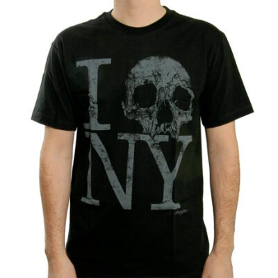 This shirt puts a new spin on the popular “I ‘heart’ NY” t-shirt design. Once again we can see how prolific the skull has become.