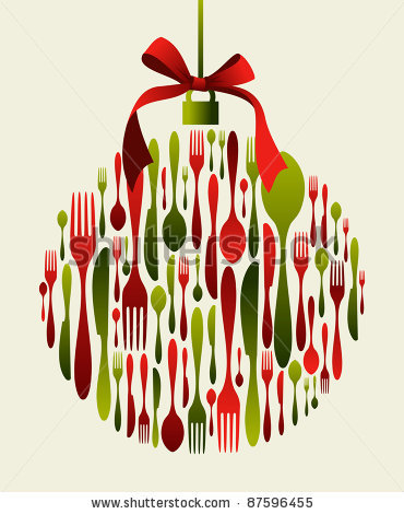 Christmas bauble Cutlery. Fork, spoon and knife pattern in bauble shape with a ribbon on top. Usable as invitation card. Vector file available.