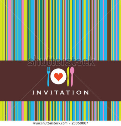 Dinner invitation with spoon, fork, knife and dinnerplate, striped retro background