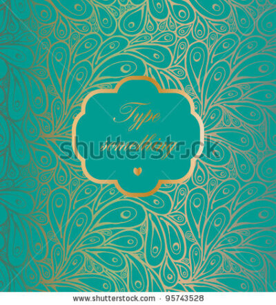 stock vector : Doodle gradient peacock feathers pattern with a frame on light blue-green