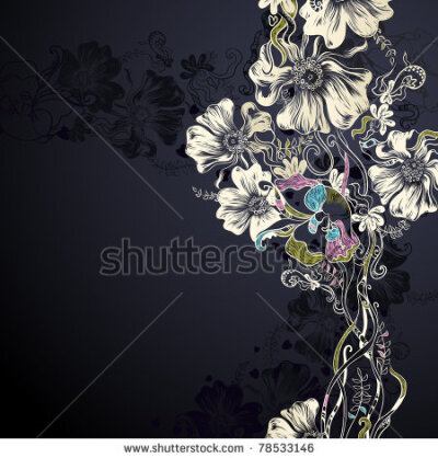 stock vector : black background with decorative flowers