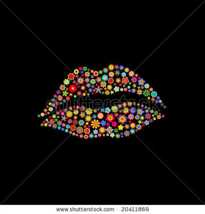 stock vector : Vector illustration of lips shape made up a lot of multicolored small flowers on the black background