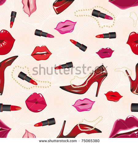 stock vector : Seamless lip gloss background. Shoe vector, lipstick. Party fashion pattern, illustration. Glamour wallpaper