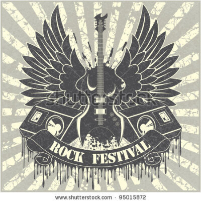 stock vector : Sticker on the shirt the image of a guitar of wings of columns and tapes with the text rock festival