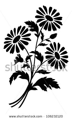 stock photo : Bouquet of chamomile flowers, black silhouettes on white background