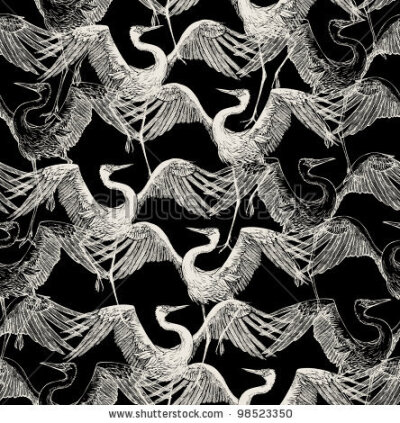 stock photo : Abstract background, fashion seamless pattern, vector wallpaper, vintage and monochrome fabric with dancing stork, graphic birds - japan style for design