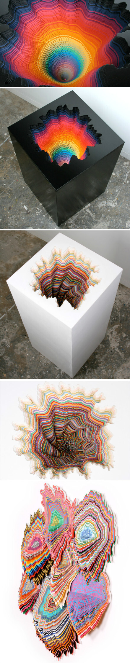【剪纸雕塑】艺术家 Jen stark 将无限重复的图案和数学原理结合到作品中，创作了一系列极其复杂色彩艳丽的纸雕作品。 平滑表面与渐变式下沉的对比