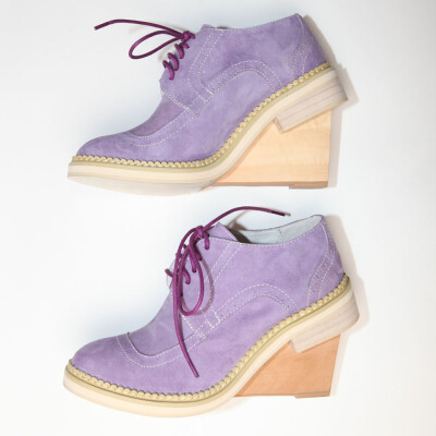 DadANako独家设计限量发售粉紫羊猄皮特别坡跟牛津鞋