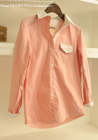 韩国2012秋冬季新款女装小清新橡皮粉色拼色翻领长袖衬衫衬衣上衣