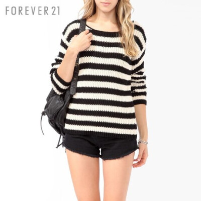 FOREVER21 秋装新品 F21钩针条纹长袖套头针织衫