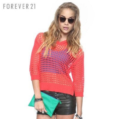 FOREVER21 2012秋季新品女装 F21连帽镂空七分袖针织衫