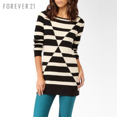 FOREVER21 新品女装 LOV经典黑白色几何条纹针织衫