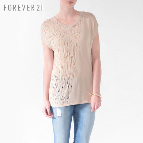 FOREVER21 简约款女装 中长款 LOV镂空钩针短袖超薄针织衫