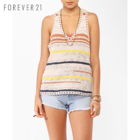 FOREVER21 进口女装 F21彩条V领无袖针织衫