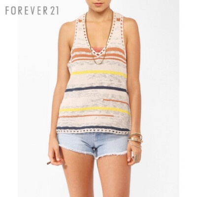 FOREVER21 进口女装 F21彩条V领无袖针织衫