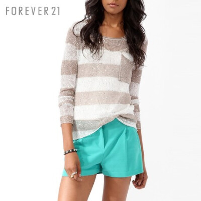 FOREVER21 女装 F21镶亮片条纹长袖针织衫