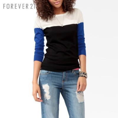 FOREVER21 女装 F21三色拼色长袖针织毛衣