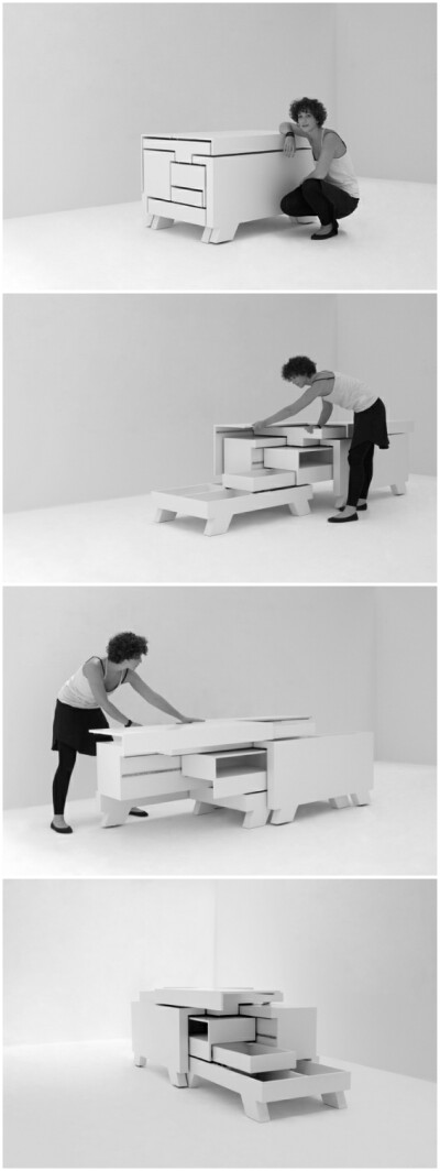 德国设计师Martin Sämmer设计了一件看似简单实则复杂的组合家具：变形金刚架子。这件家具由8个不同模块组成，通过联锁系统相连，形成一个长方体，使用者可根据自己的需求同时拉开所有抽屉，总共有20种不同形式的组合…