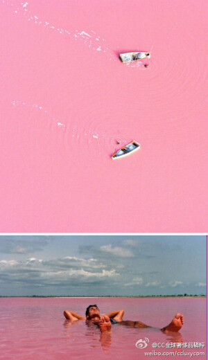 西非塞内加尔的Retba湖，也被称为玫瑰湖。由于一种杜氏盐藻的存在使湖水呈现出类似草莓奶昔的粉色。Lake Retba的含盐量为死海的一倍多，因此人们也能够毫不费力地漂浮在这巨大的粉色海洋中