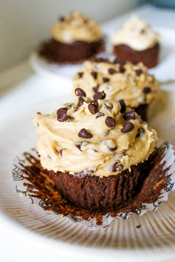 Fudge Brownie Cupcakes with Cookie Dough Frosting makes 9-12 cupcakes 1/2 cup (1 stick) unsalted butter 3/4 cup light brown sugar 1/2 cup cocoa powder 1/2 Tbsp vanilla extract 2 eggs 1/4 tsp salt 1/2 tsp baking powder 3/4 cup all-purpose flour