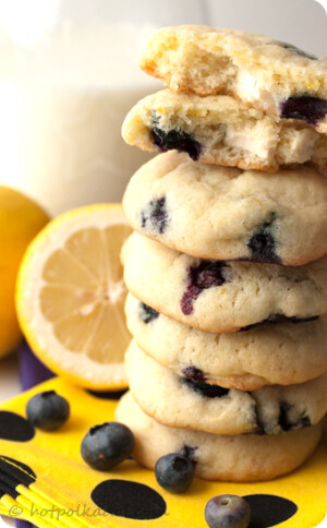 Lemon Blueberry Cheesecake Cookies Makes about 3 dozen cookies. Source: My imagination. 1 cup unsalted butter, room temperature 1 cup granulated sugar Zest of 1 lemon 3 tbsp lemon juice 2 eggs 1/2 tsp baking soda 1/2 tsp baking powder 1 tsp salt <br />3 cup flour <br />1 cup blueberries