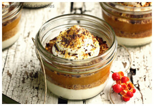 Layered Pumpkin Pie in a Jar INGREDIENTS for the graham cracker crust layer: 1-1/2 c. graham cracker crumbs 3 T. brown sugar 1/2 tsp. cinnamon 1/2 tsp. salt 4 T. unsalted butter, melted and slightly cooled for the whippy cream cheese layer and finishing dollop of sweetened whipped