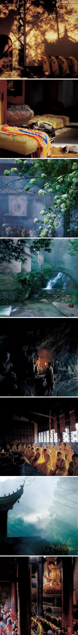 【如此美的灵隐寺】作品《佛的足迹》，摄影师张望，1962年出生于浙江天台。此组照片拍摄始于2006年杭州灵隐寺，历时三年。并不是所有摄影师都可以在寺庙里拍摄，可见张望与佛有缘，拍摄期间与方丈同吃同住，方丈破例允许他接触任何僧侣，并且进入经楼重地。很多人看过此组照片都有出家的冲动吧。