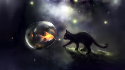 cats fish DeviantART digital art artwork Apofiss / 1920x1080 Wallpaper