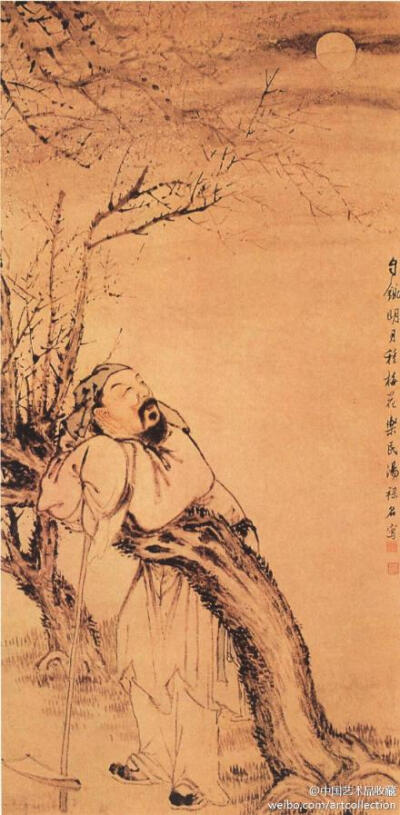 【 清 汤禄名 《明月种树图》】轴，纸本设色，168.5×86.5cm，台北故宫藏。 绘一文人把锄倚树而立，似种树疲累正在憩息。他仰头望向夜空，梅花枝头，云开雾散，一轮明月高挂天宇。图中繁花密萼，用笔纵放。人物用线疏…