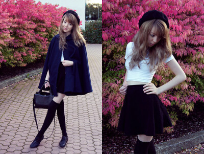 American Apparel Corduroy Circle Skirt, American Apparel Navy Wool Cape, Leather Purse, H&amp;M Over Knee Socks, Vagabond Flat Oxford Shoes, H&amp;M Black Beret, American Apparel Cotton Spandex Crop T…