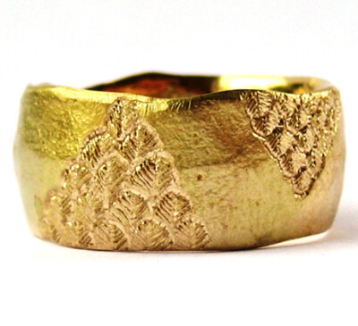 Wide Engraved Ring with Feather