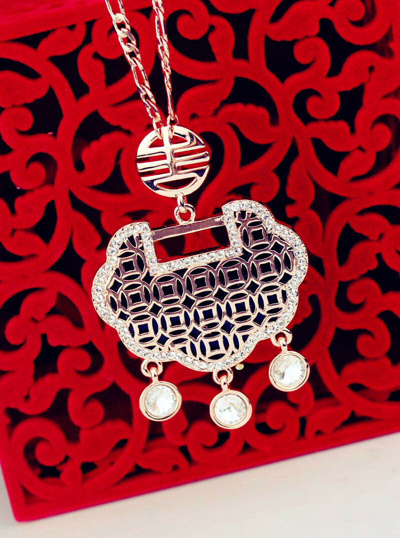 中国风铜钱长命锁招财复古长链毛衣链