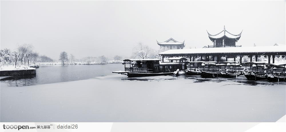 嘉兴市·南湖码头雪景游船中华传统图片素材