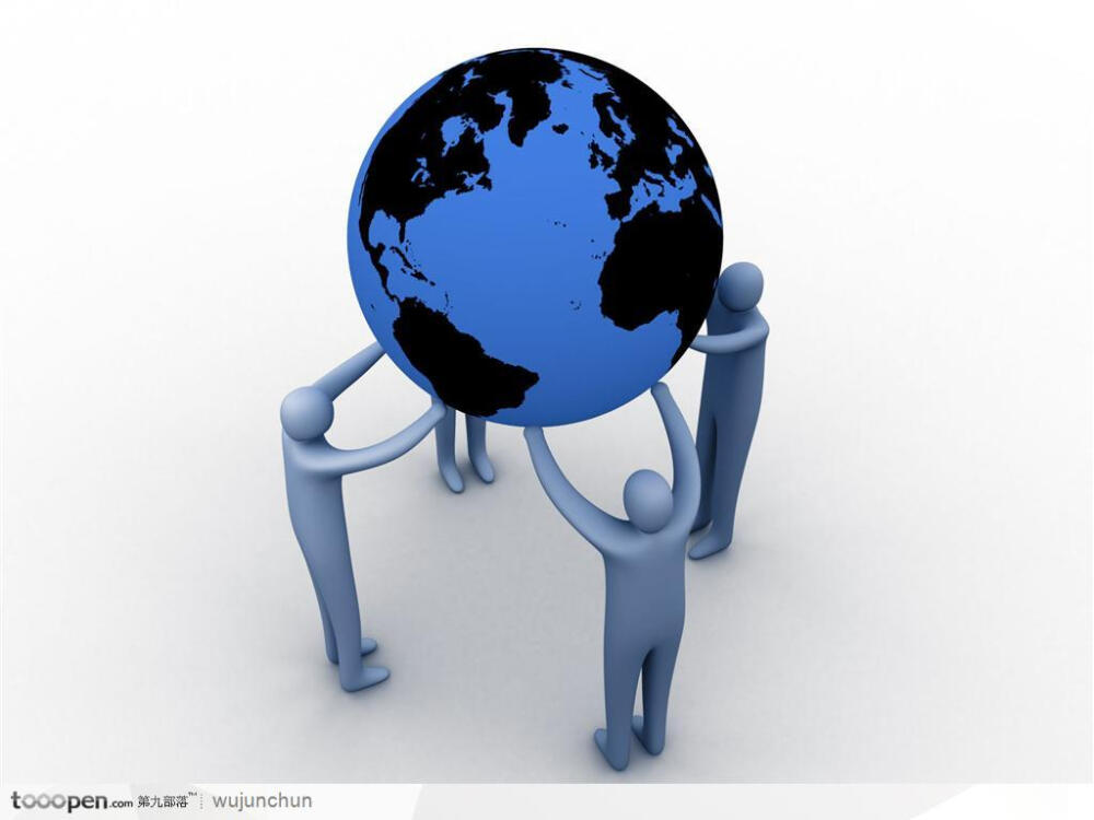 三个3D立体人双手撑着地球商务金融图片素材