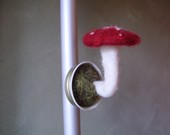 Felted amanita mushroom magnet in an upcycled lid