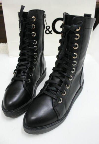 韩国正品·黑色侧拉链系带尖头马丁靴中筒平底机车靴单女靴短靴