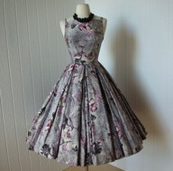 Grey & purple floral polished cotton party dress, circle skirt. #1950s