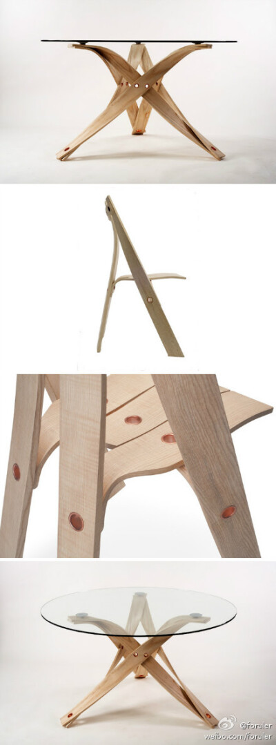 蒸汽的处理方法做木的弯曲形态已经是普遍的工艺，但设计者用对称的布置和铜钉的连接，让桌子呈现出复古的美感，非常漂亮。